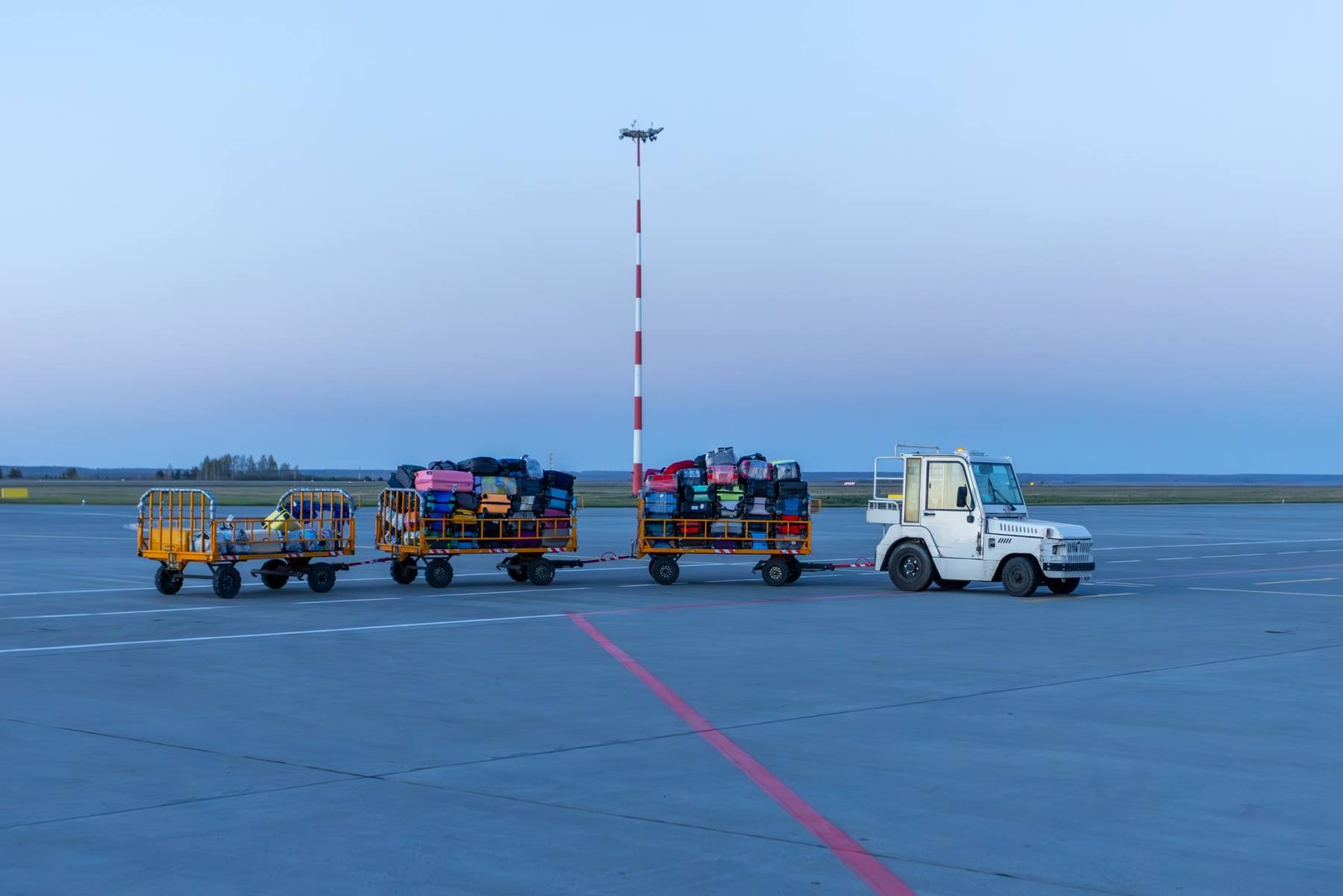 Baggage tug and carts on the apron during an aircraft turnaround
