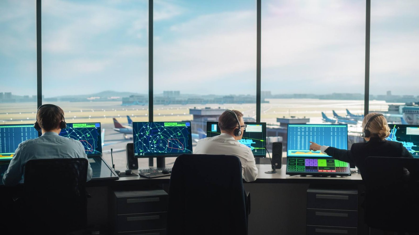 Airline operations control room overlooking the runway